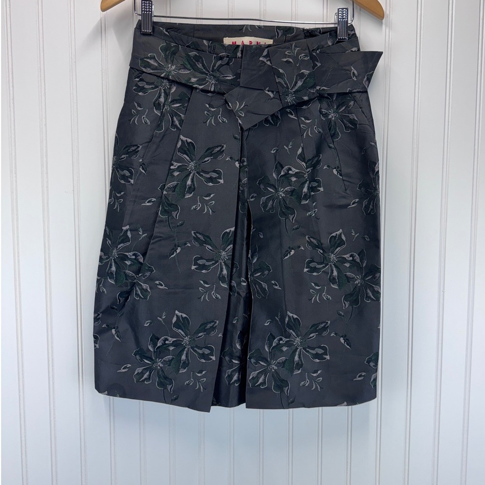 Marni Floral Jacquard Skirt Women IT38/US2/4 Charcoal Green Silk Blend Bow Italy